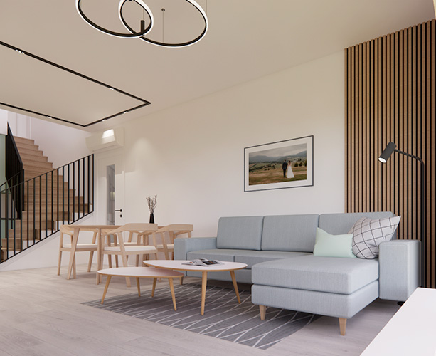 obývací pokoj s kuchyní a jídelnou