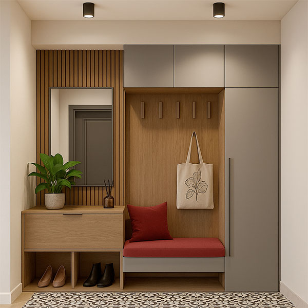 Moderní návrh předsíně v Praze – vestavěná skříň, lavice s červeným polštářem, zrcadlo a úložné police na boty.