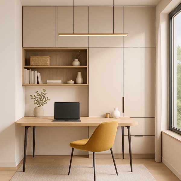 Moderní domácí kancelář s vestavěnou skříní bez úchytek, elegantním stolem se zaoblenými rohy, černými kovovými nohami, žlutým křeslem a zlatým osvětlením