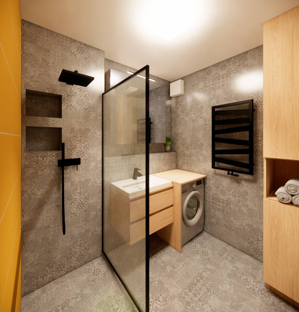 Návrh koupelny po rekonstrukci bytu se sprchovým koutem, skleněnou zástěnou a kombinací šedého a žlutého obkladu