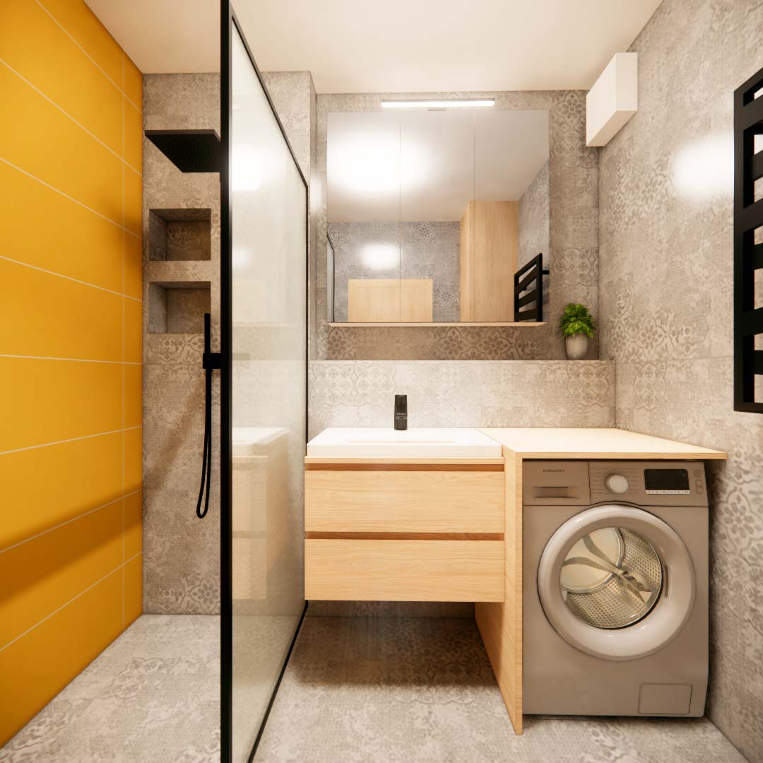 Návrh moderní koupelny v rámci rekonstrukce bytu s pračkou, úložným nábytkem a sprchovým koutem