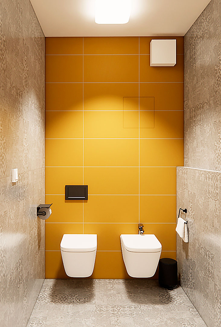 Návrh samostatného WC po rekonstrukci bytu se žlutým obkladem, závěsným WC a kontrastními stěnami