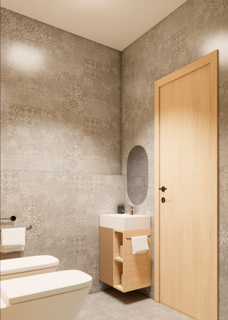Rekonstrukce bytu – moderní samostatné WC s umyvadlem, dřevěnou skříňkou a dekorativním šedým obkladem