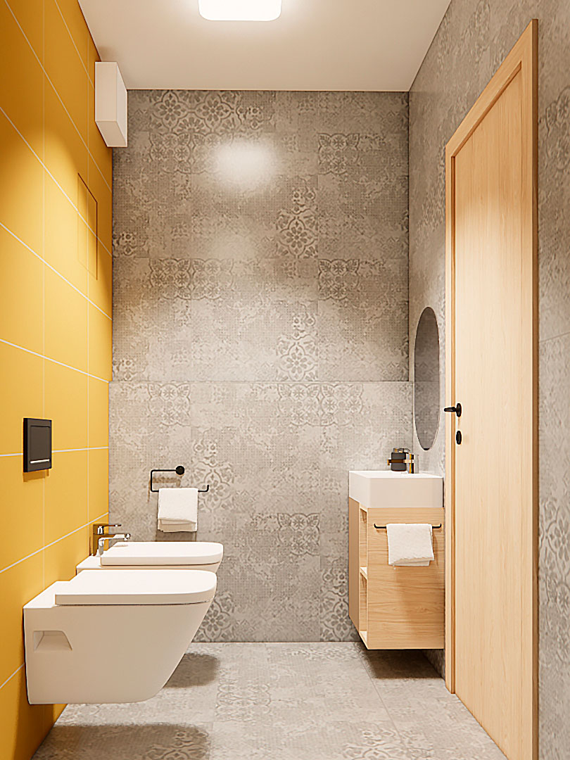 Vizualizace WC v bytě po rekonstrukci s kombinací žlutého a šedého obkladu a černými doplňky