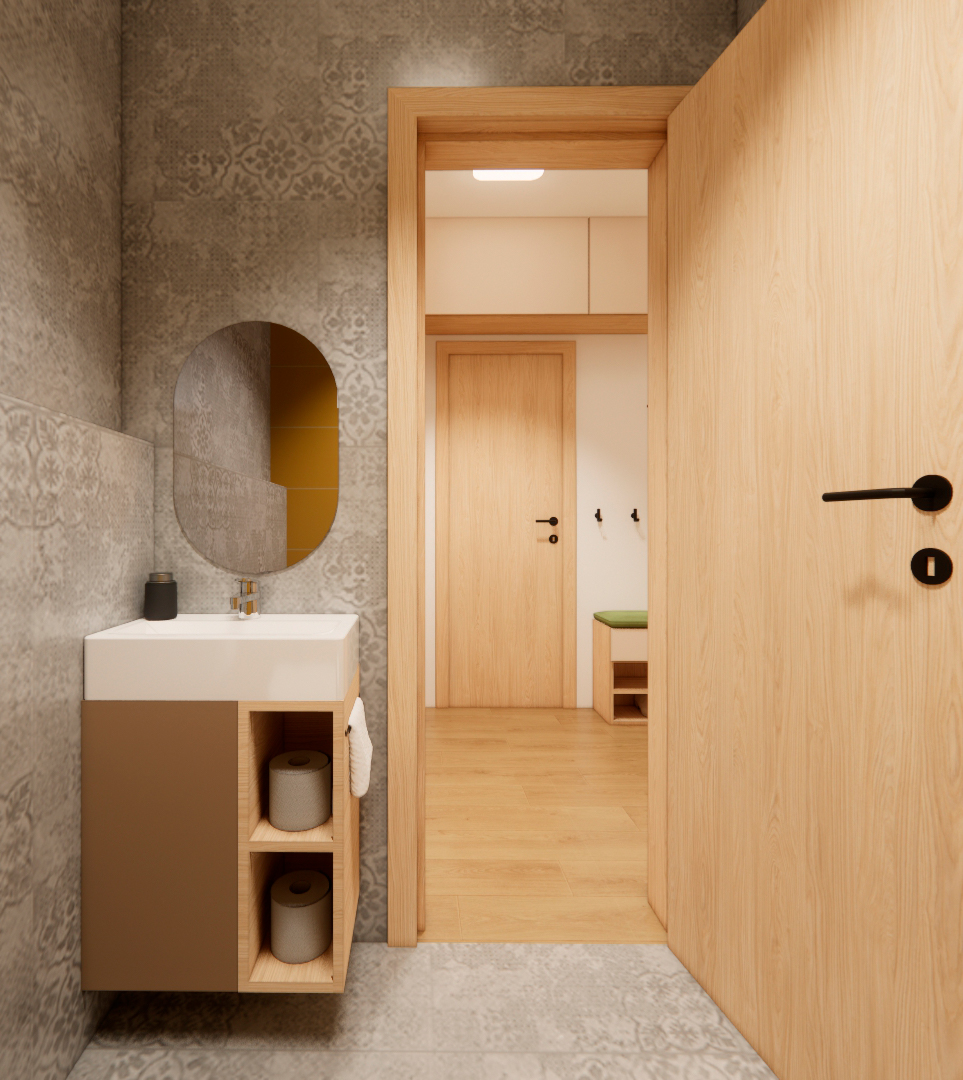 Návrh samostatného WC s umyvadlem a úložným nábytkem, propojení koupelny a předsíně v rekonstrukci bytu
