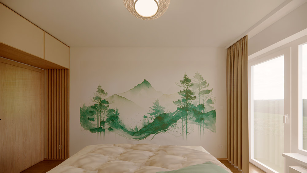 Návrh ložnice v přírodním stylu s vestavnými skříněmi, dřevěnými prvky a klidnou barevností