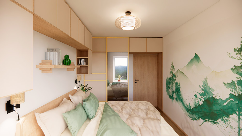 Vizualizace ložnice v bytě po rekonstrukci s čalouněnou postelí, úložným systémem a přírodními tóny