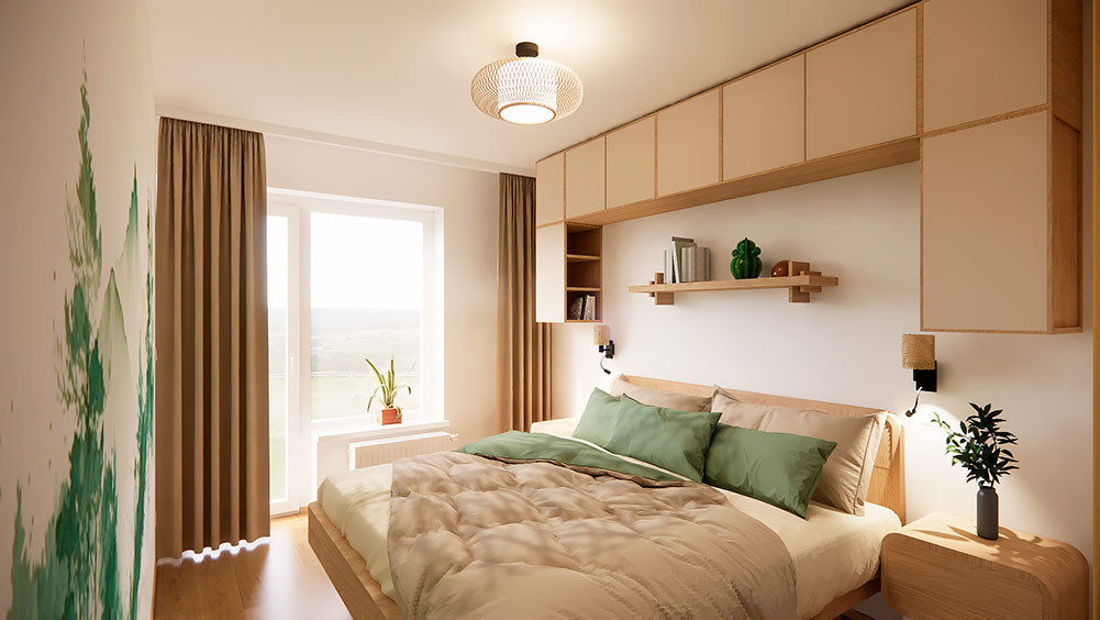 Návrh ložnice s úložnými skříněmi ke stropu, dřevem a jemnými zelenými akcenty