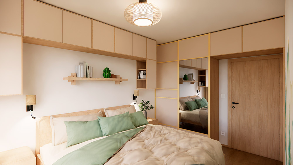 Rekonstrukce bytu – ložnice v přírodním stylu s vestavěným nábytkem a harmonickým řešením prostoru