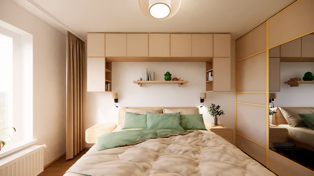 Detail ložnice v přírodním stylu s kombinací dřeva, světlých ploch a integrovaného úložného prostoru