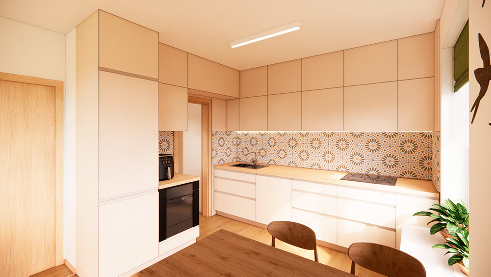 Rekonstrukce bytu – moderní béžová kuchyně s dřevěnou pracovní deskou a navazující jídelní částí