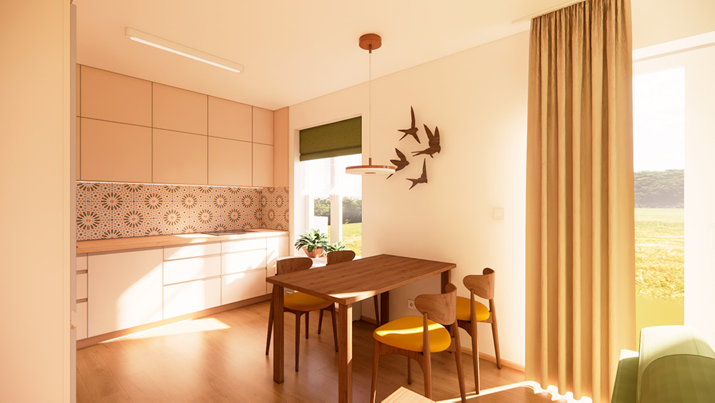 Návrh rekonstrukce bytu – béžová kuchyně s vestavnými spotřebiči, horními skříňkami ke stropu a dekorativním obkladem