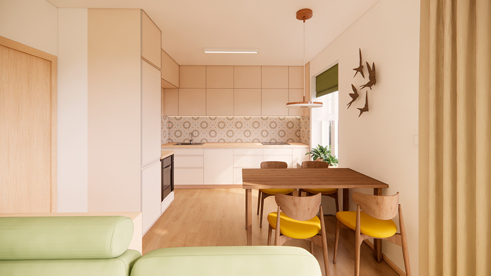 Vizualizace návrhu bytu – kuchyně v teplých barvách se vzorovaným obkladem a přirozeným denním světlem