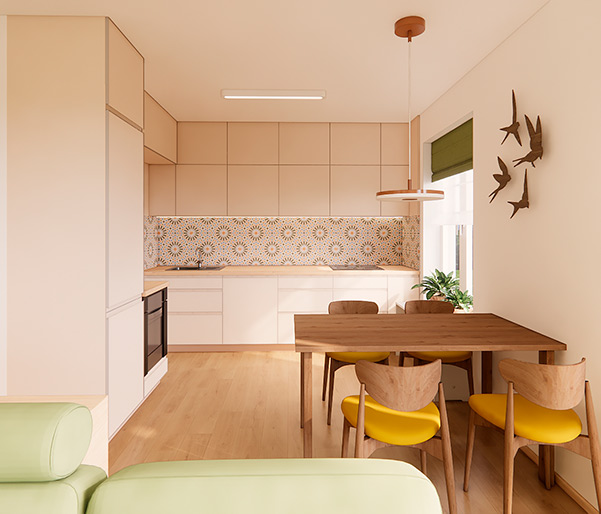 Návrh rekonstrukce bytu – béžová kuchyně s vestavnými spotřebiči, horními skříňkami ke stropu a dekorativním obkladem