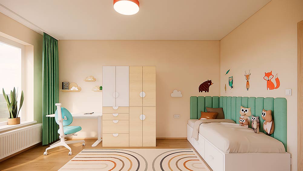 Návrh dětského pokoje pro holku s nábytkem IKEA, postel s úložným prostorem, pracovní stůl a klidné barevné ladění
