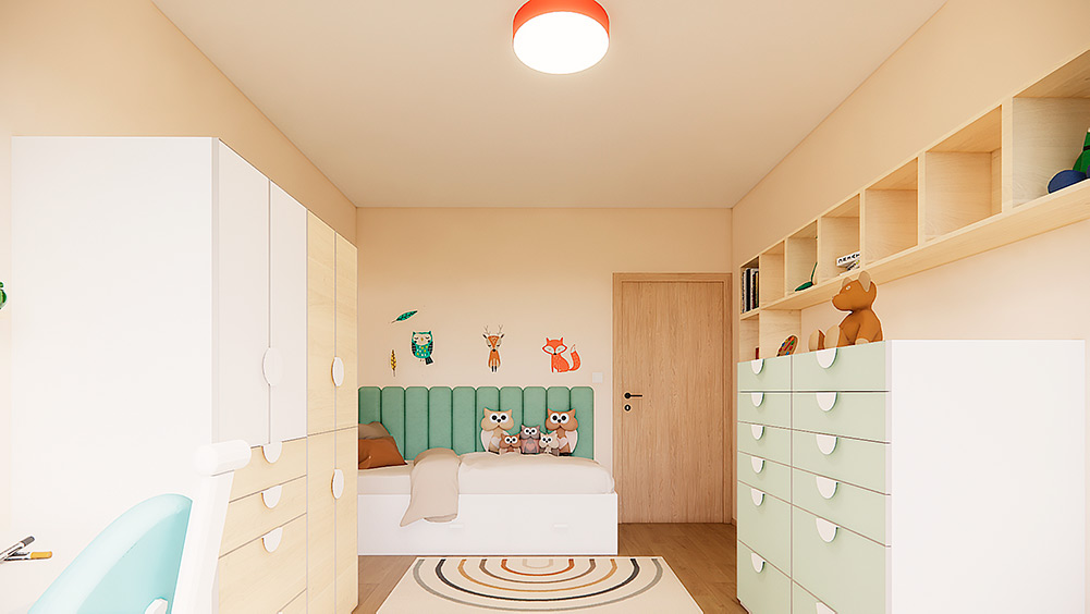 Návrh dětského pokoje IKEA s rostoucím nábytkem, pracovním koutem a dostatkem úložných prostor