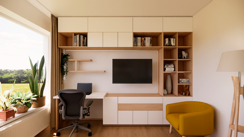 Návrh obývací stěny na míru s pracovním koutem, úložnými policemi a televizní sestavou v rámci rekonstrukce bytu
