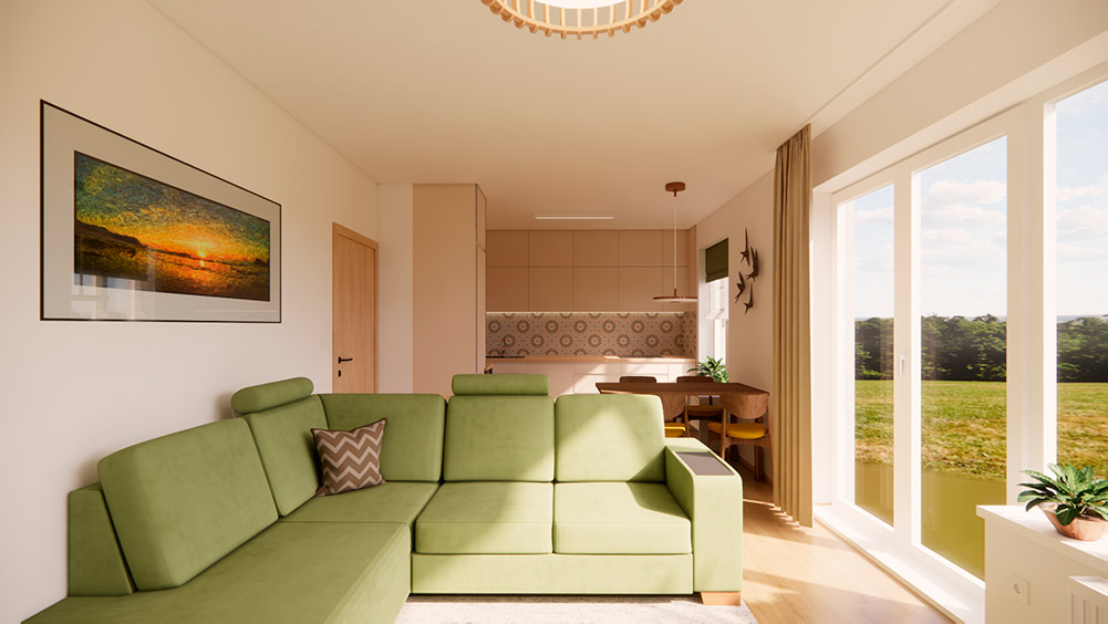 Návrh bytu po rekonstrukci – otevřený obývací pokoj s kuchyní a jídelním stolem