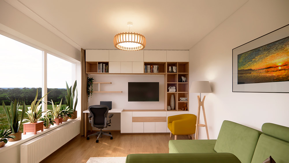 Rekonstrukce bytu – obývací pokoj v teplých barvách se zelenou sedací soupravou a dřevěnou podlahou