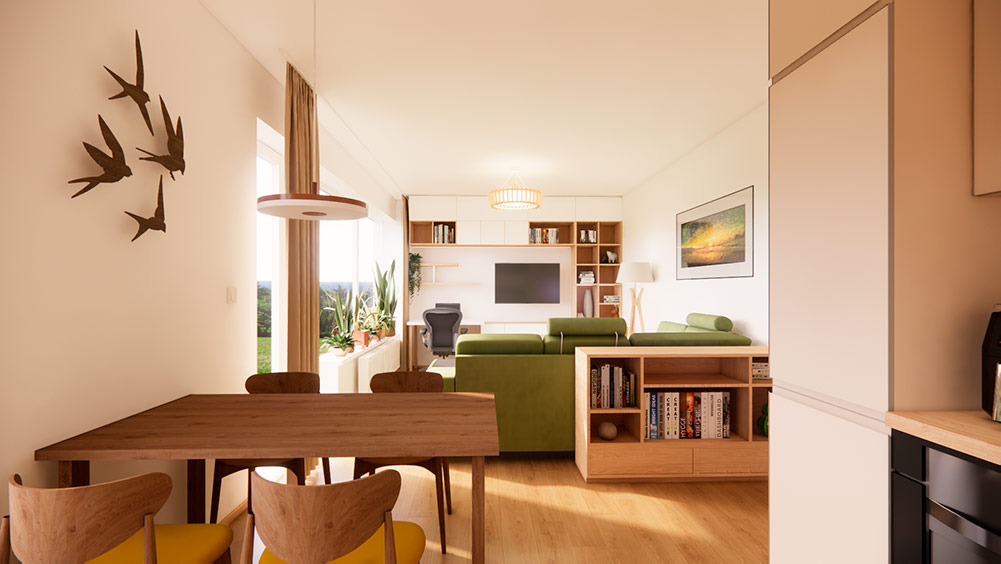 Návrh interiéru bytu – obývací pokoj s pracovním koutem, knihovnou a zelenou sedačkou