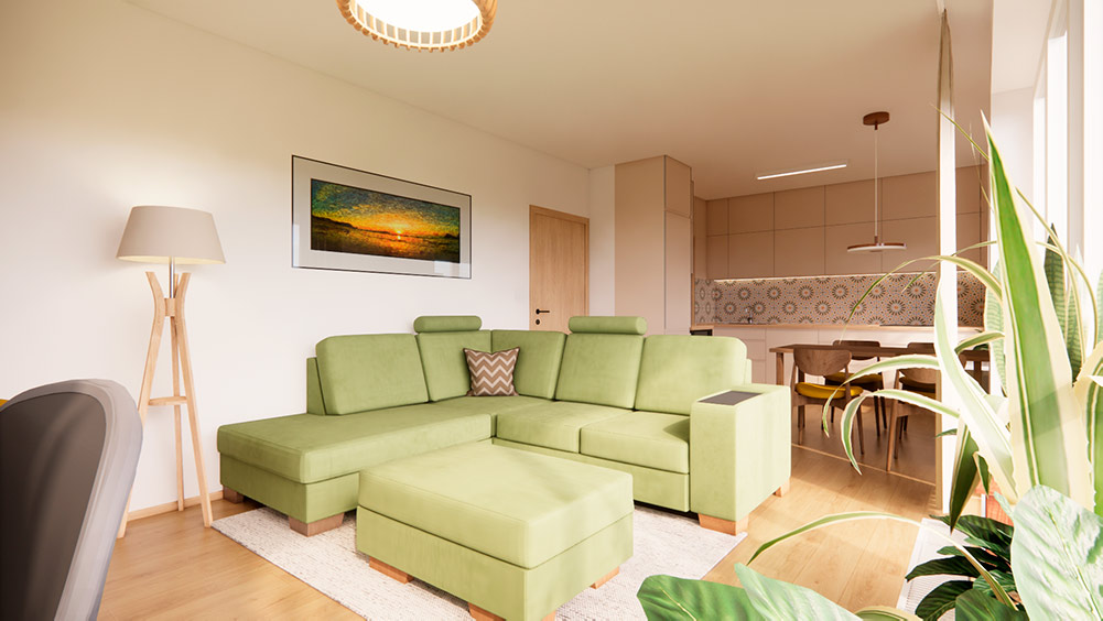 Vizualizace rekonstrukce bytu – obývací pokoj s úložnou stěnou, pracovním místem a přírodními materiály