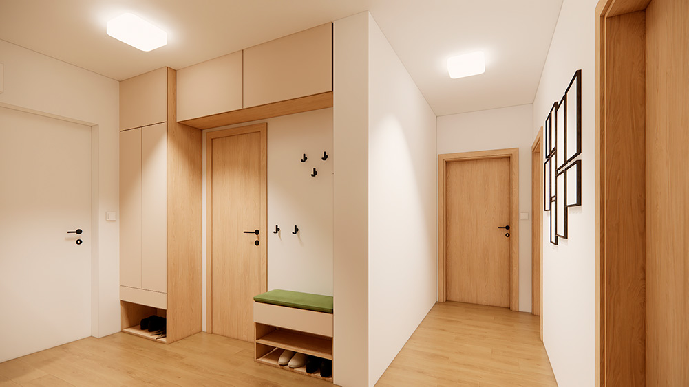 Návrh světlé předsíně s vestavnou skříní, lavicí na sezení a maximálním využitím úložných prostor