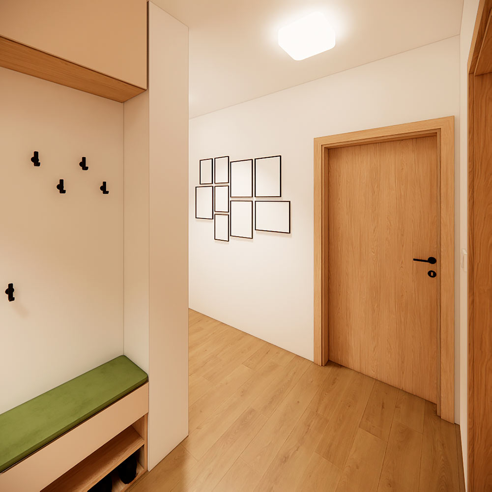 ekonstrukce bytu – světlá předsíň s úložným nábytkem na míru a dřevěnými dveřmi