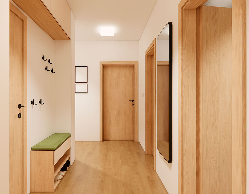 izualizace předsíně s vestavnými skříněmi, lavicí a jednoduchým řešením vstupního prostoru